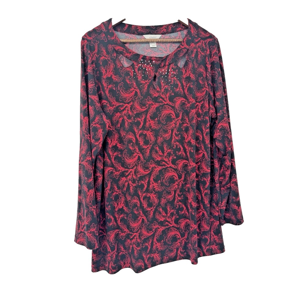 CJ Banks Tunic Red Black 1X Embellished Cut Out Stretch Soft Romantic Rhinestone